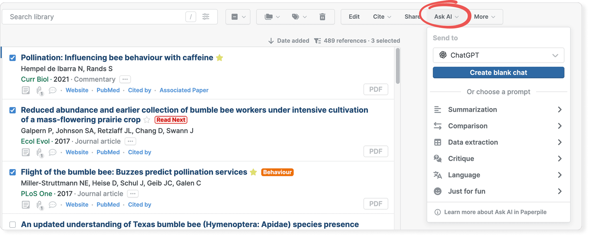 The library with three references selected and the circled Ask AI menu open, showing “Send to” set to ChatGPT, a “Create blank chat” button, and prompt categories Summarization, Comparison, Data extraction, Critique, Language and Just for fun.